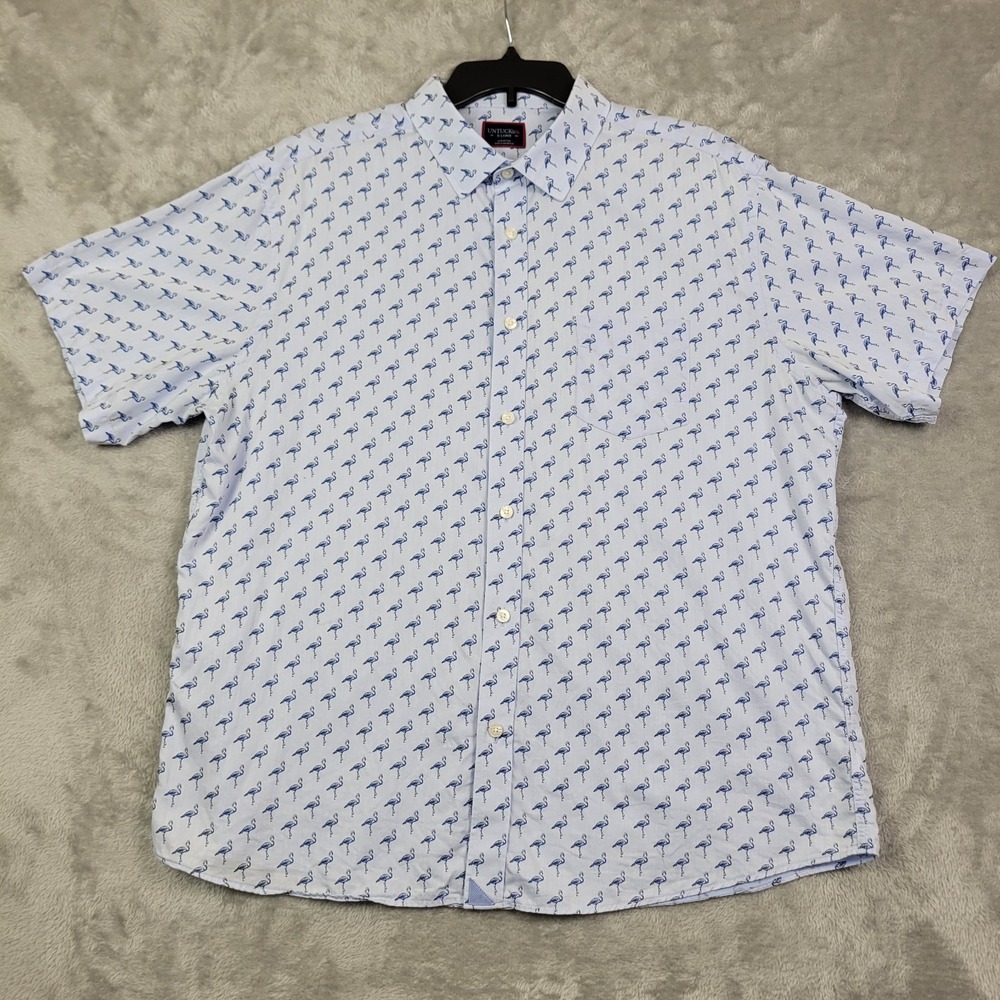 UNTUCKit Shirt Mens XL Blue Button Up Short Sleeve Flamingo Print Cotton Casual - Picture 2 of 8